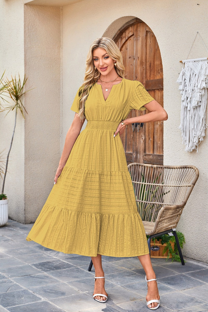 V-neck Ruched Puffed-sleeve Maxi Short-sleeve Dress