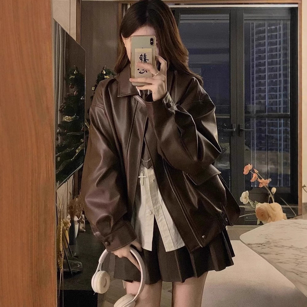 Fashion Short Leather Jacket Ladies