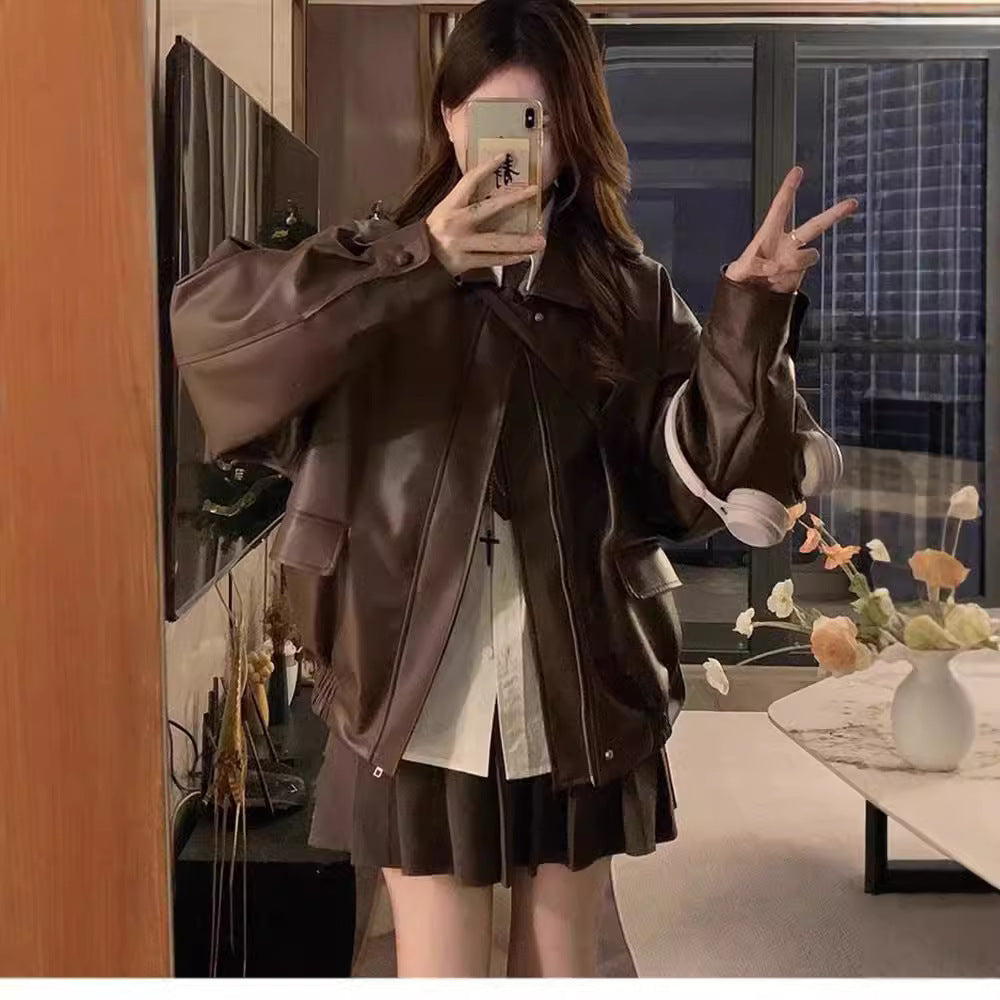 Fashion Short Leather Jacket Ladies