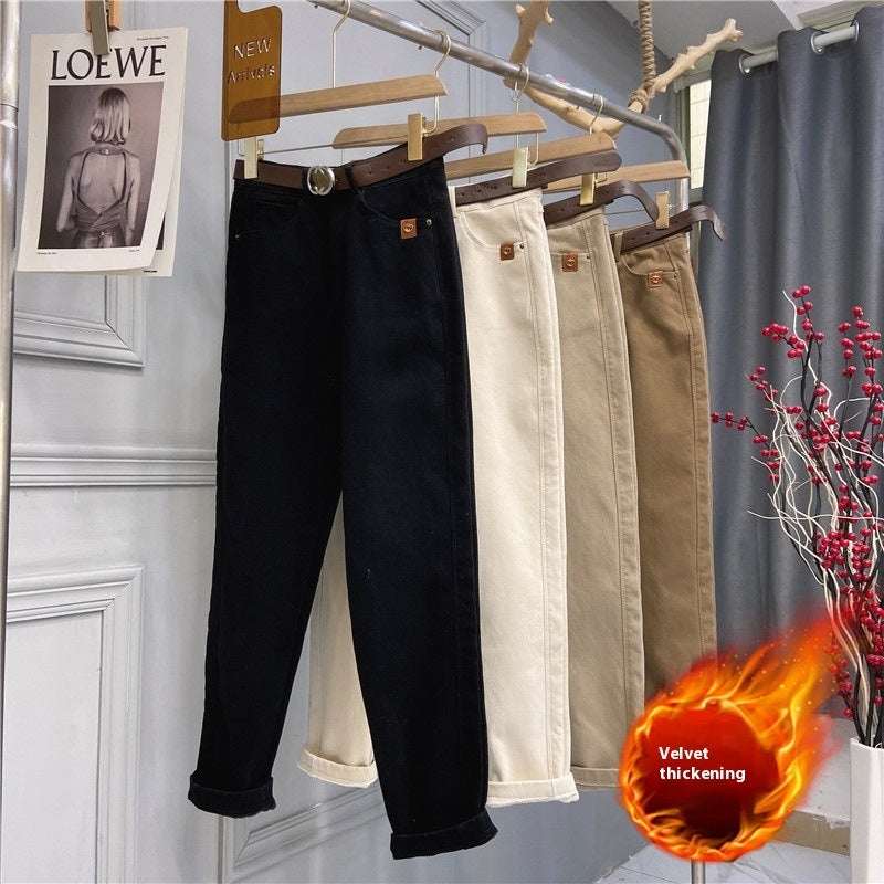 Plus Size Women's High Waist Denim Thick Trousers