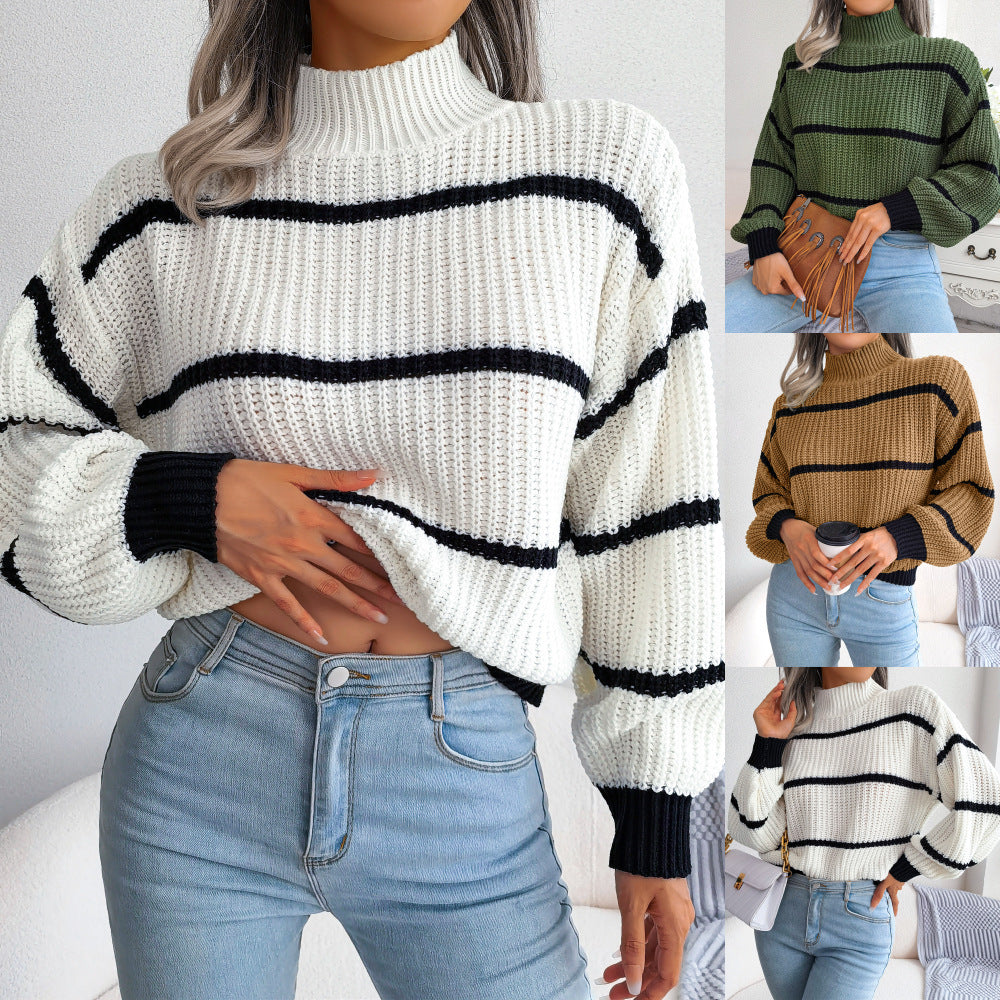 Casual Striped Lantern Sleeve Half High Neck Knitting Sweater