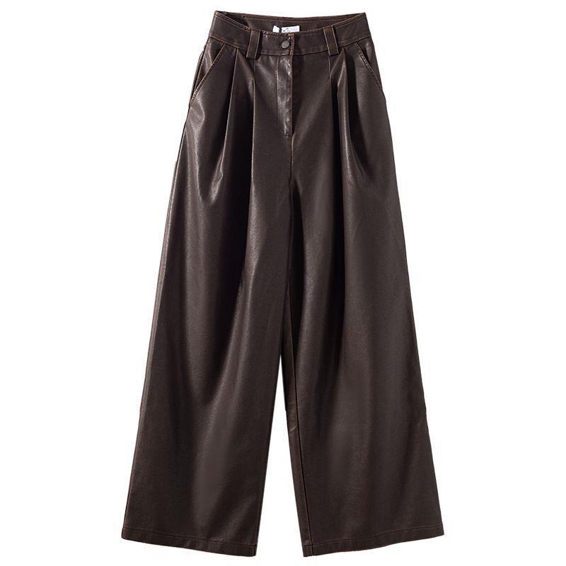 Vintage Brown Pleated PU Leather Pants Women's Clothing