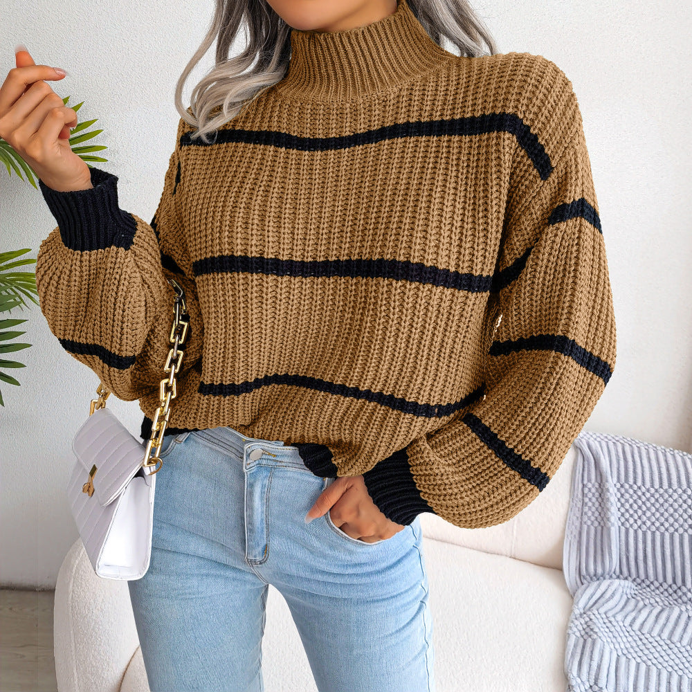 Casual Striped Lantern Sleeve Half High Neck Knitting Sweater