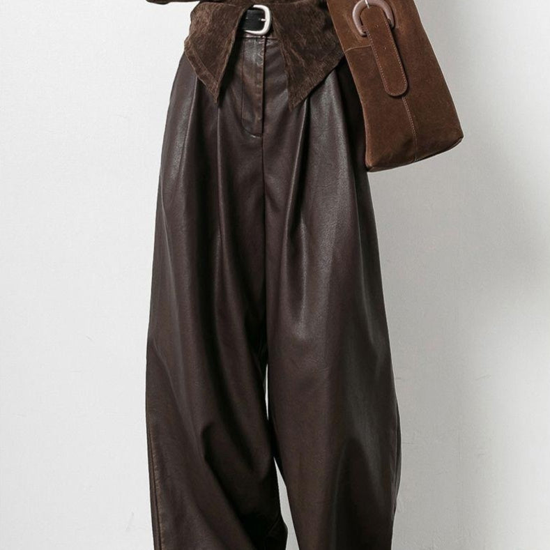 Vintage Brown Pleated PU Leather Pants Women's Clothing