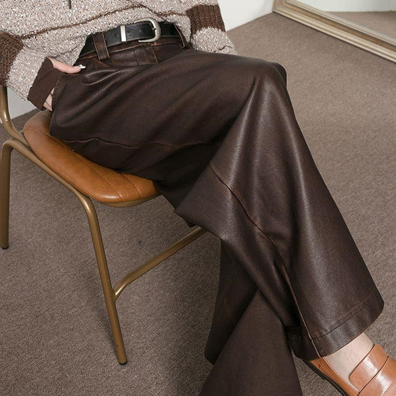 Vintage Brown Pleated PU Leather Pants Women's Clothing