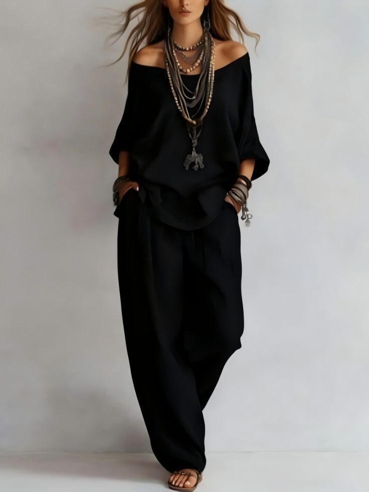 Linen Boho Two-Piece Set - Black