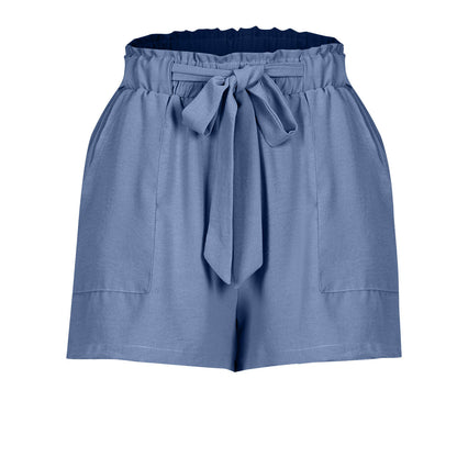 Drawstring Wide-Leg Linen Shorts - Blue