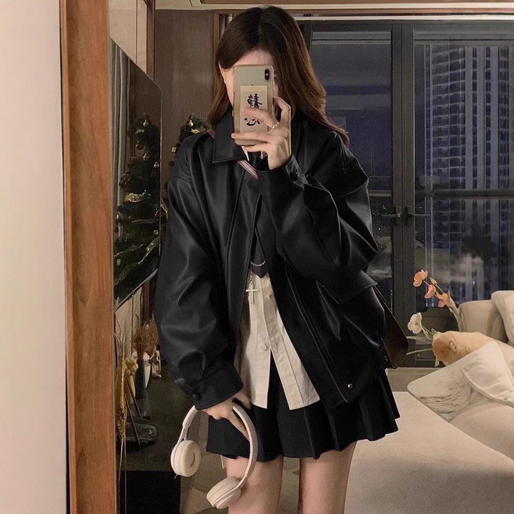 Fashion Short Leather Jacket Ladies