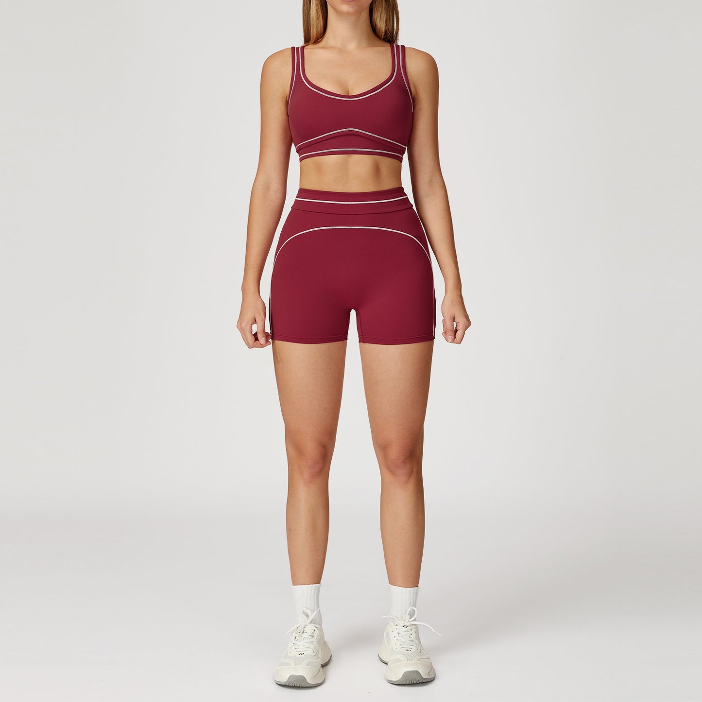 Contrast Stitch Yoga Set - Cherry Red