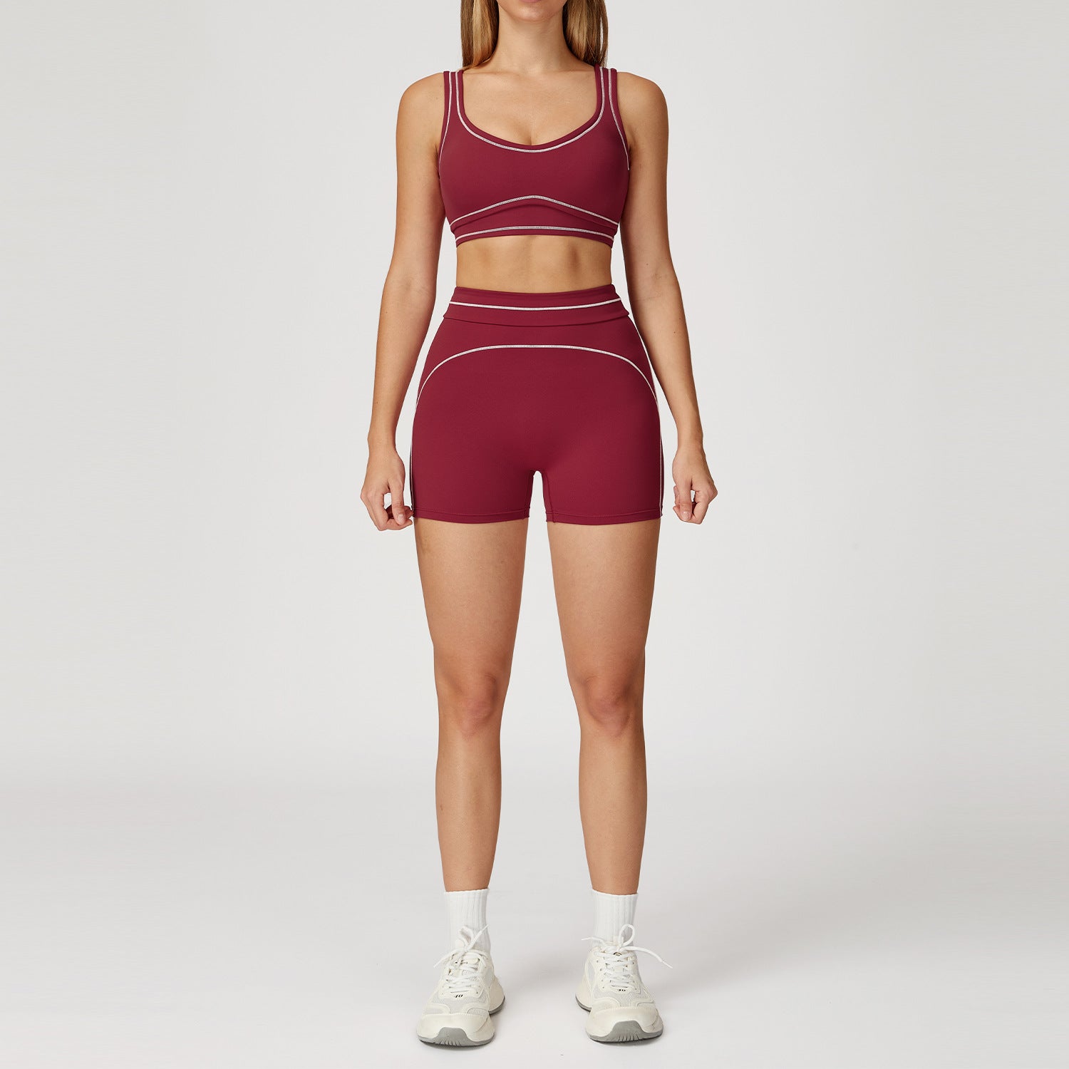 Contrast Stitch Yoga Set - Cherry Red