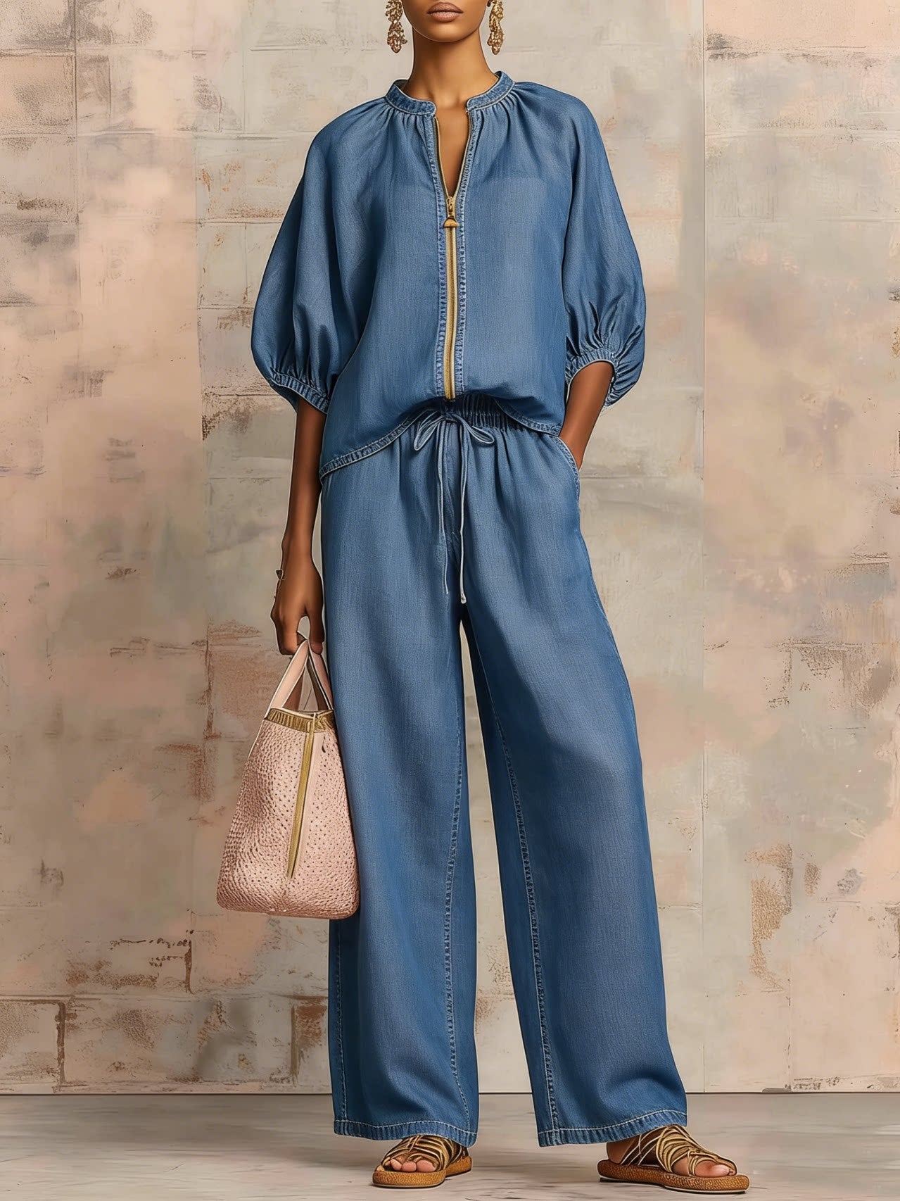 Cozy Zip Lounge Set - Denim Blue