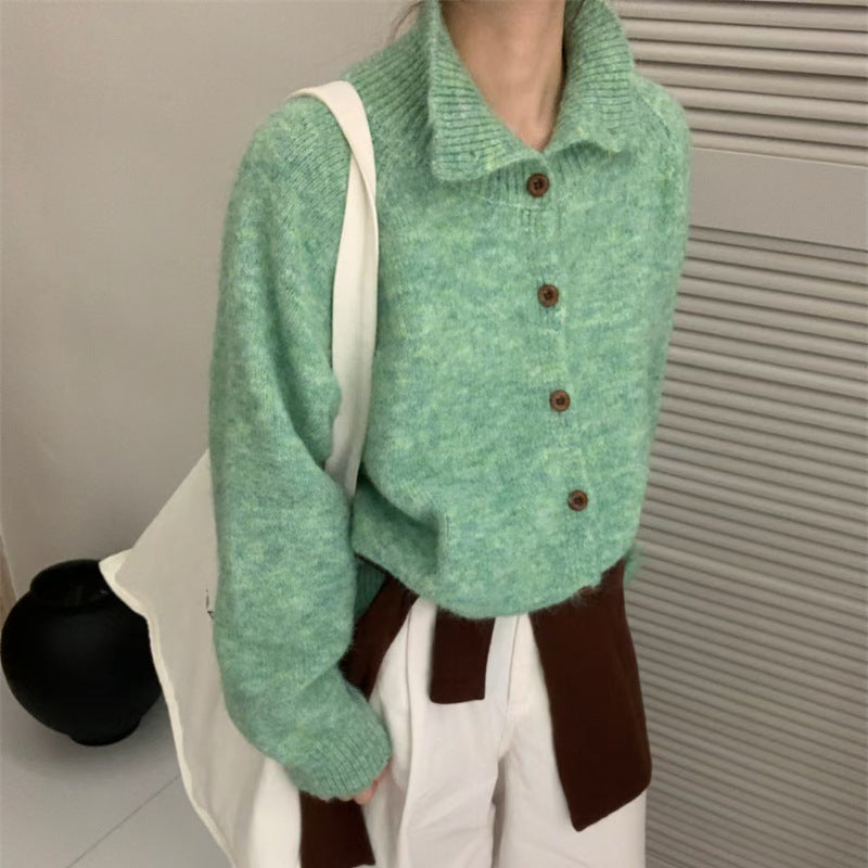 Stand Collar Wooden Buckle Sweater Women's Soft Glutinous Lapel