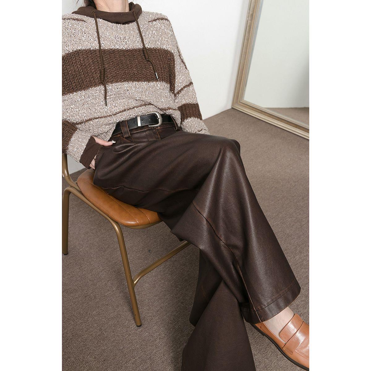 Vintage Brown Pleated PU Leather Pants Women's Clothing