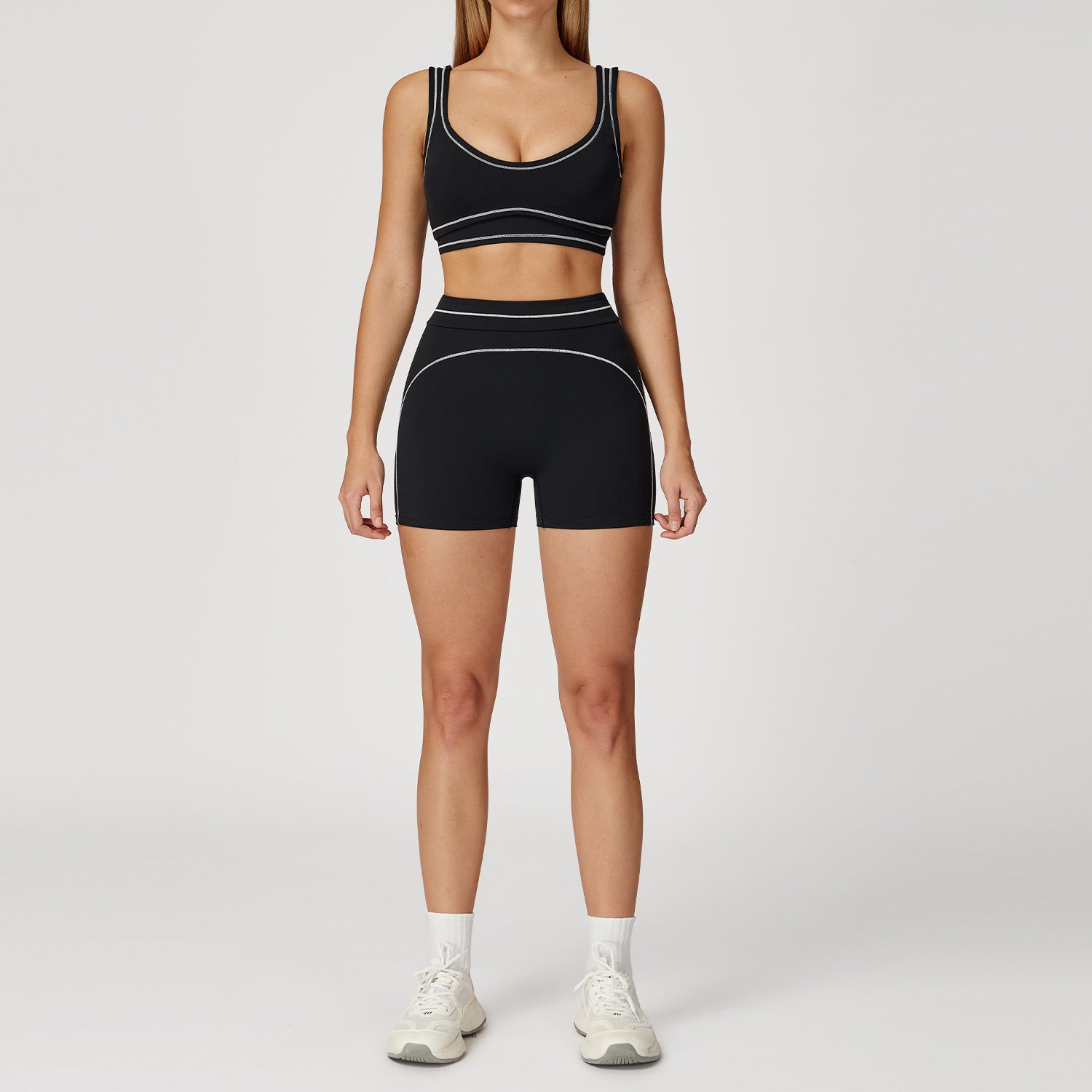 Contrast Stitch Yoga Set - Black
