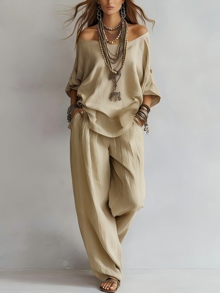 Linen Boho Two-Piece Set - Khaki