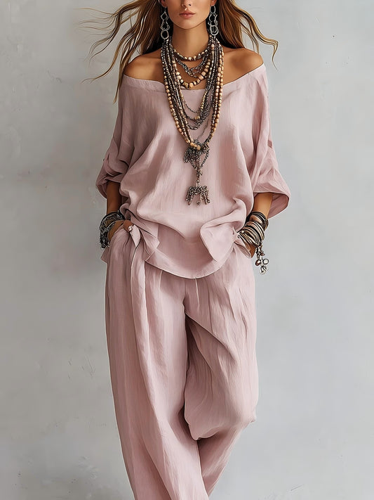 Linen Boho Two-Piece Set - Pink